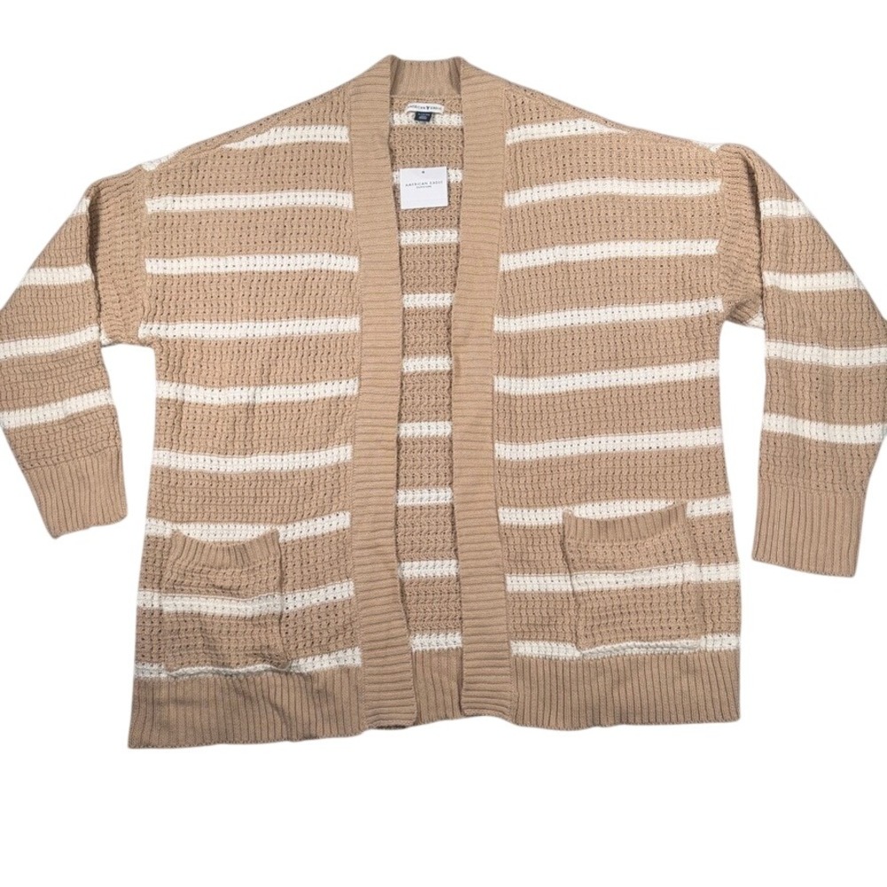 American Eagle Striped Waffle Knit Cardigan XL Women Tan White Open Front NWT